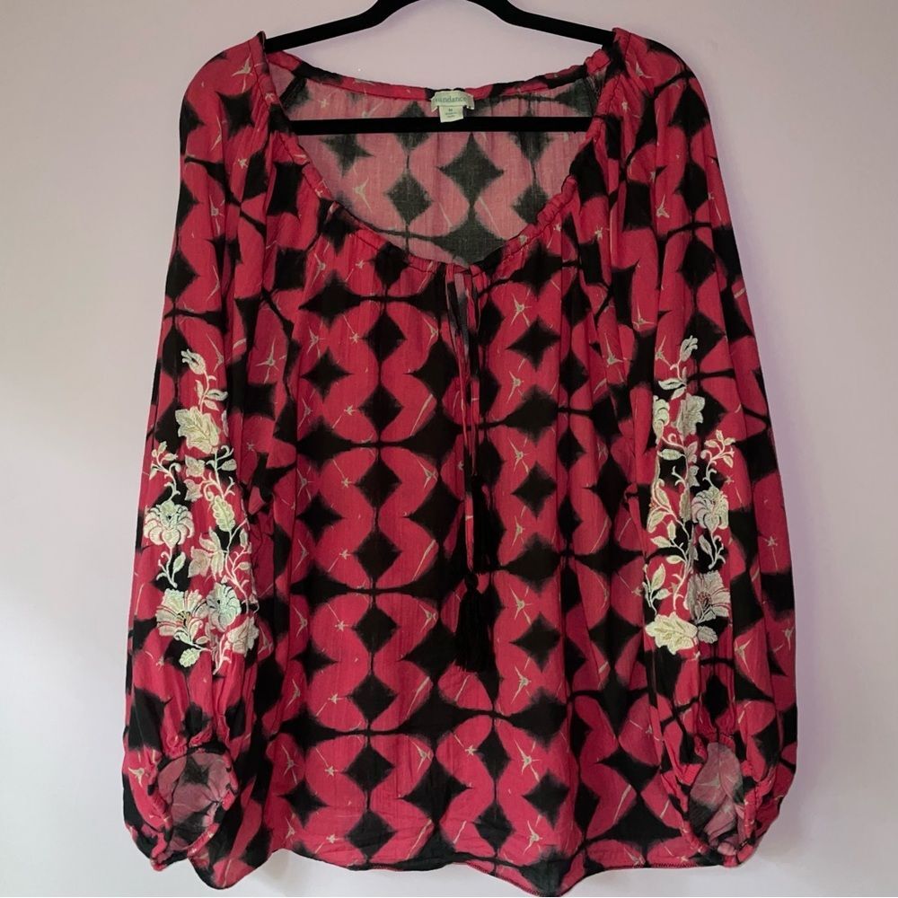 Sundance M Blouse Pink Black Embroidered Split Neck Tassel Boho Cotton